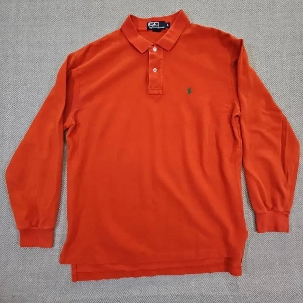 Polo Ralph Lauren Rugby Shirt Men's‎ Large Orange Pony Long Sleeve Cotton Y2K